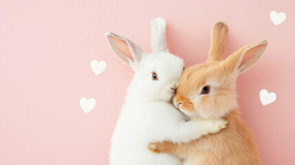 Obraz premium Two cute rabbits with hearts on pink background, St Valentines Day or Easter postcard