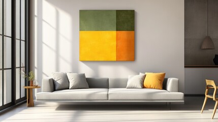 Modern abstract art on wall in living room, interior design, showcasing colors, use in home decor, office, or gallery