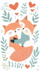 Cute fox couple embracing surrounded by hearts background, St Valentines Day postcard