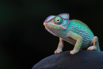 Obraz premium Colorful chameleon perched on rock, showcasing vibrant patterns
