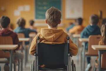 Child in a wheelchair at school, the concept of a person with disabilities feeling isolated and different