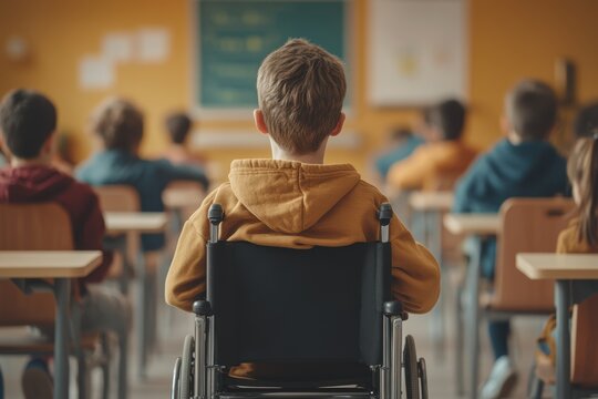 Child in a wheelchair at school, the concept of a person with disabilities feeling isolated and different