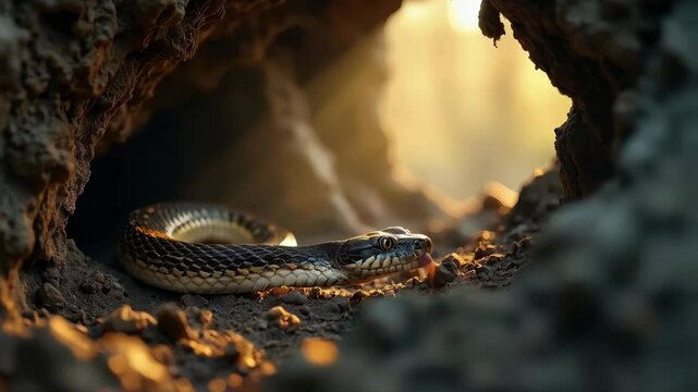 Close-up of a snake with black and gold patterns resting in a cave with sunlight streaming in