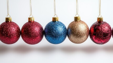 Festive Christmas ornaments suspended in a perfect horizontal line