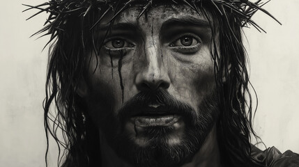 A somber, monochromatic depiction of a person wearing a crown of thorns, evoking themes of sacrifice and suffering.