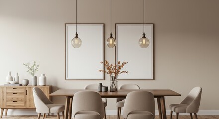 Modern minimalist dining room with a sleek wooden table, upholstered beige chairs and symmetrical blank framed canvases on a soft beige wall