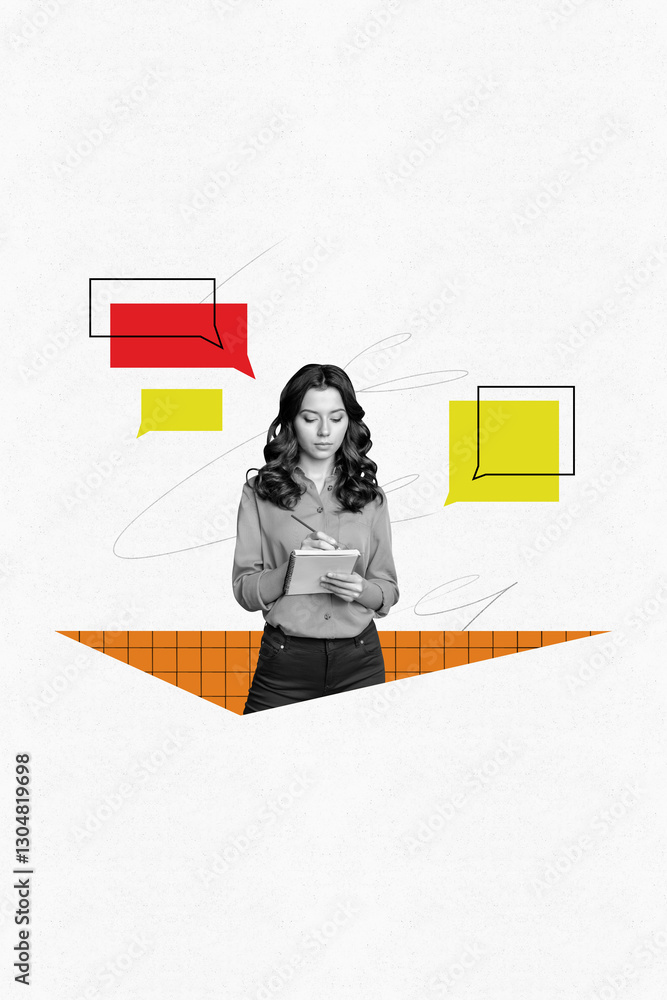 Poster 3d vertical image artwork collage of serious girl write notepad speech message notification correspo