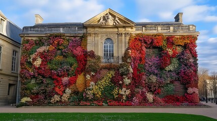 Colorful floral display adorns a historic building facade.