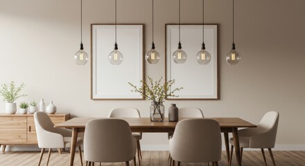 Modern minimalist dining room with a sleek wooden table, upholstered beige chairs and symmetrical blank framed canvases on a soft beige wall