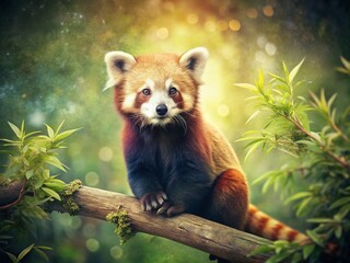 Fototapeta premium Vintage Photo of Adorable Red Panda in Tree, Wildlife Nature Scene
