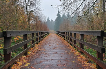 Fototapeta premium Wooden walkway with a wooden fence on both sides, covered in fallen leaves and trees along the path, leading to a forest at the end of the pathway