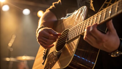 Fototapeta premium Close Up of Hands Playing Acoustic Guitar on Stage with Warm Lighting