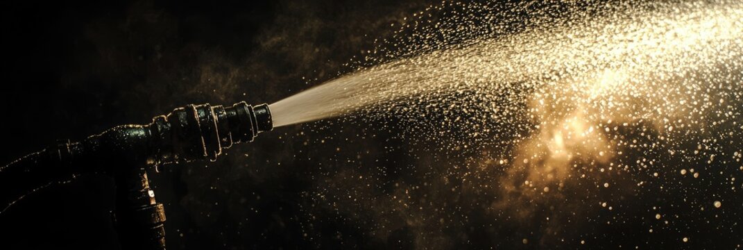 A fire hose spraying water into the air, creating a mist of droplets. High-pressure spray, emergency response, firefighting equipment, forceful stream, water dispersion. Generative AI.