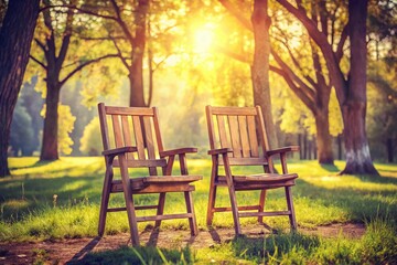 Fototapeta premium Vintage Photo: Two Wooden Chairs in a Sunny Park