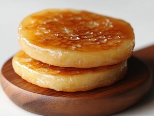 Fototapeta premium Stack of Two Golden Brown Fried Mochi Cakes on a Wooden Plate with a Glossy Glaze Delicious Dessert