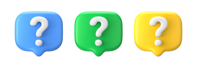 3d question mark. Bubble ask icon faq. Set of vector render signs to help users and find solutions in their doubts.
