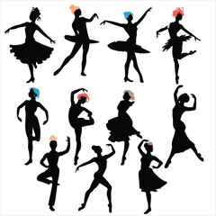 set vector various women dancing, Dancing, Group of people dancing silhouettes