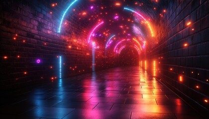 Vibrant Neon Tunnel with Brick Walls - Futuristic Abstract Background