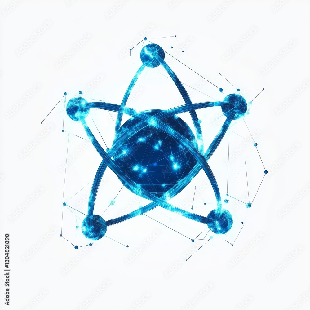 Fototapete abstract representation of a molecule: luminous blue sphere with interconnected nodes and geometric 