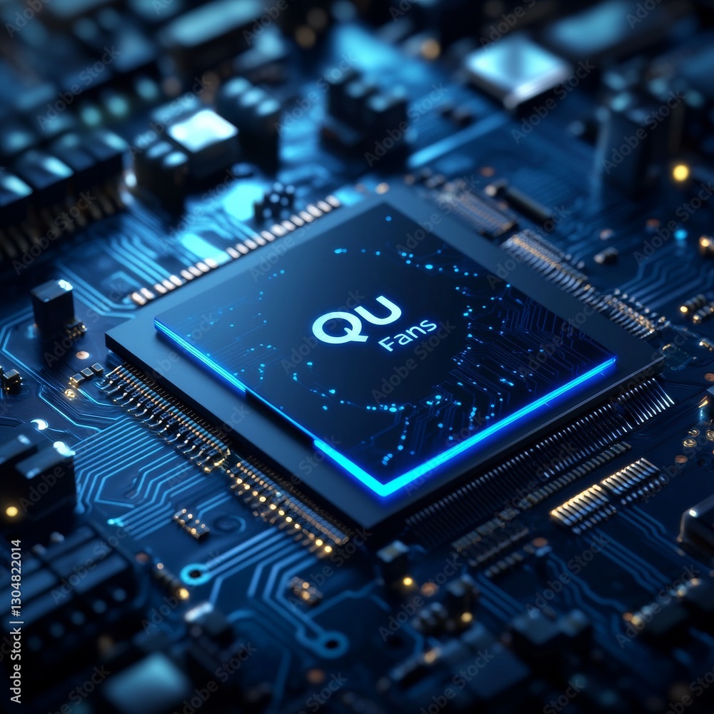 Poster advanced quantum processor: close-up of a futuristic chip with glowing blue circuit paths, represent