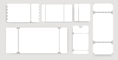 Blank ticket template set with perforated edges set.collection of blank white ticket card templates in various shapes and sizes for event, coupons, invitations,custom designs.Vector illustration