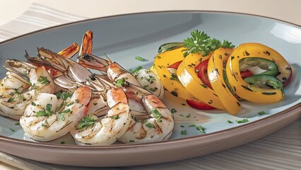 Grilled Shrimp and Roasted Bell Peppers on Oval Plate