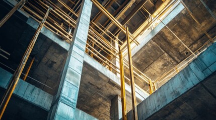 Obraz premium Interior view of a building under construction, showing concrete floors and support beams, scaffolding, and steel structures.