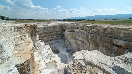 Open-pit mine, layered rock, sunny landscape