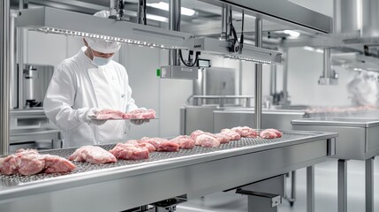 worker inspecting raw meat in industrial meat production facility for quality control  
