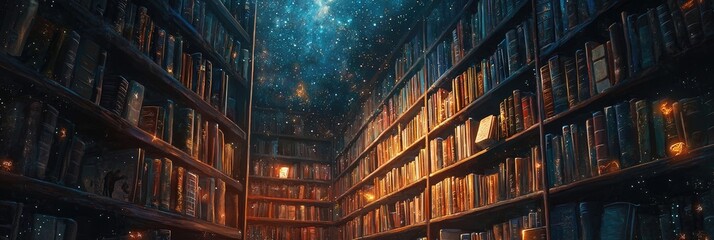 A vast library with towering bookshelves and a starry ceiling. Endless knowledge, literary universe, mystical ambiance, grand interior, academic inspiration, timeless wisdom. Generative AI.