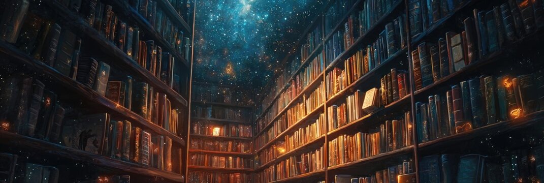 A vast library with towering bookshelves and a starry ceiling. Endless knowledge, literary universe, mystical ambiance, grand interior, academic inspiration, timeless wisdom. Generative AI.