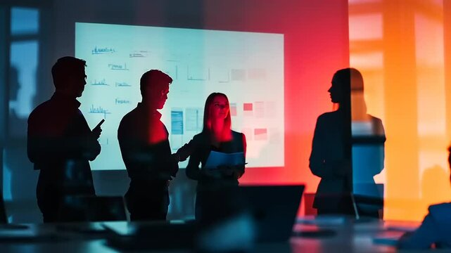 Silhouetted business team reviewing data on a projected screen during a meeting.
