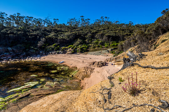 A dinghy on the sand of secluded Whalers Cove
