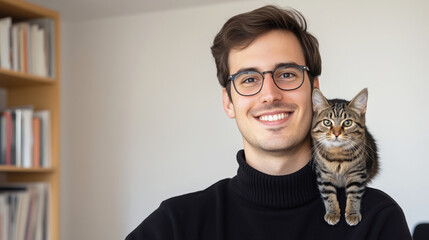 Smiling man with playful tabby cat on his shoulder