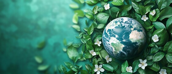 Earth globe surrounded by green leaves and small white flowers, ecofriendly illustration, planet earth in nature background, minimal style, themes of ecology and sustainable growth