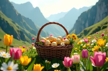 Basket with golden easter eggs, flowers, digital art, green meadow background