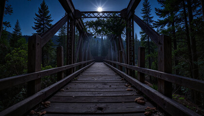 Obraz premium Eerie wooden bridge under moonlight in forest, decay and mystery
