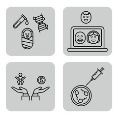 Collection of icons with various aspects of family planning and health. Medicine, technology, and parenting