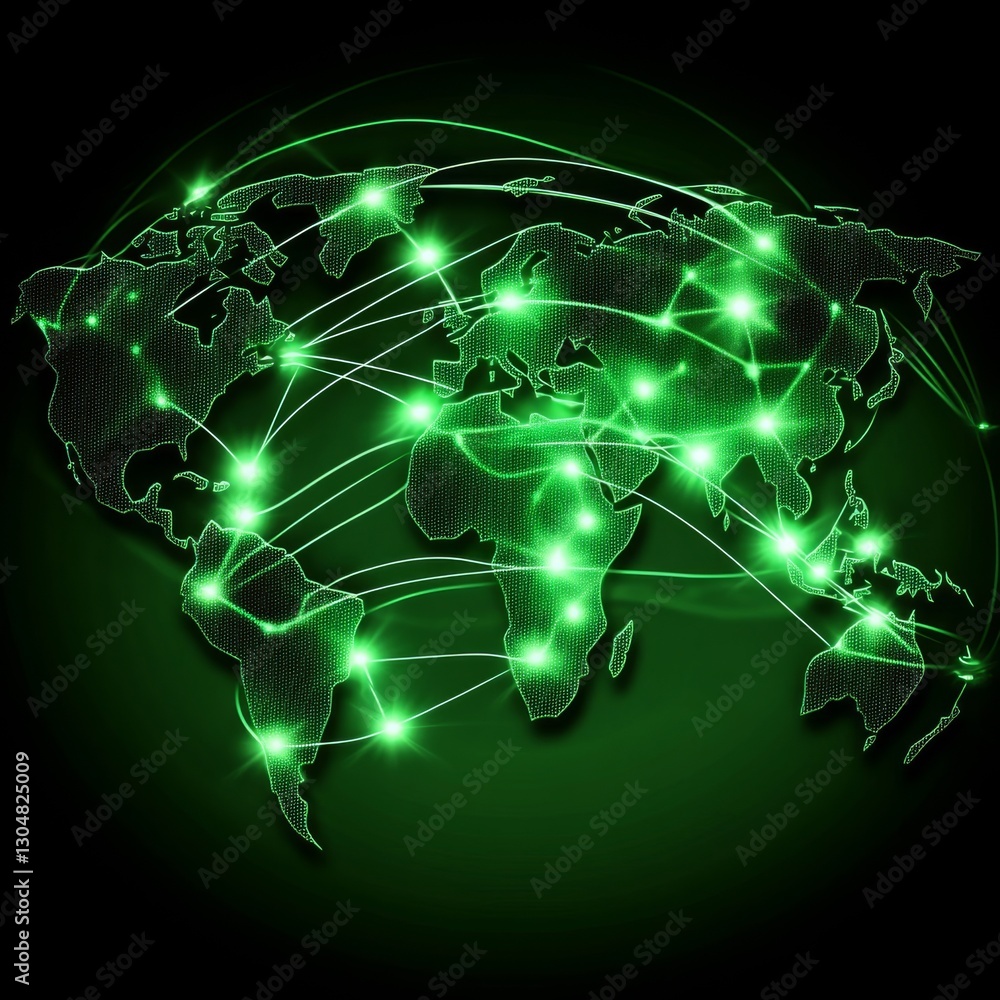 Fototapete global network: green illuminated world map illustrating connectivity and interconnected systems