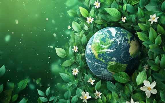Minimal earth globe surrounded by green leaves and small white flowers, ecofriendly illustration, nature background, themes of ecology and sustainability