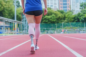 Obraz premium Person with a prosthetic leg practices running, sports for people with disabilities and accessibility technologies