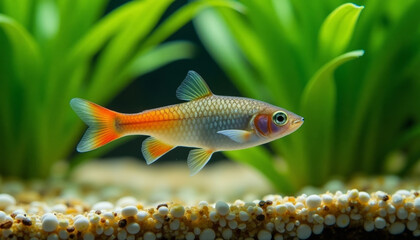 Colorful rasbora gliding effortlessly fish swims in freshwater aquarium, surrounded by lush green aquatic plants and pebble-covered substrate. Aquatic enthusiasts and nature photographers.