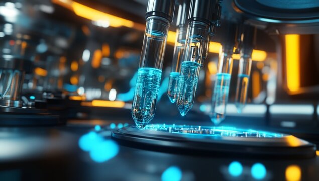 Futuristic lab equipment dispensing liquid samples