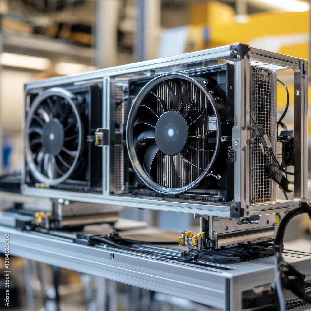 Poster high-tech cooling system prototype: dual fans in aluminum frame for industrial applications, precisi