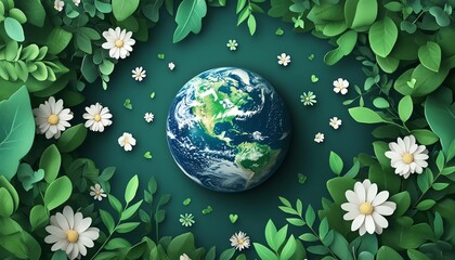 Planet earth surrounded by green leaves and white flowers, ecofriendly illustration, simple and minimal style, highlighting ecology and sustainable growth