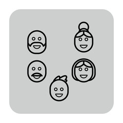 Five line icons of cheerful family, showcasing diverse facial expressions. Warmth and togetherness concept