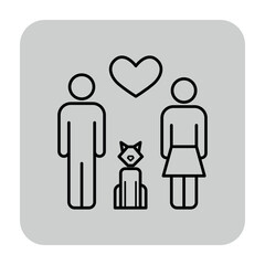Line icon of couple standing together with dog in front of them. Heart symbol above emphasizing bond of love shared among them. Companionship and affection concept