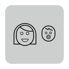 Simplistic line drawing of smiling woman beside cheerful baby with pacifier. Warmth and familial love concept