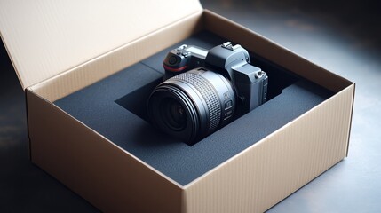 Brand new mirrorless camera with lens inside a protective cardboard box and soft packaging