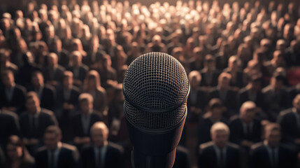 Professional microphone on a stage in front of the audience before the performance. Public speaking courses, stand-up, comedy show, stage fright. Festival, jazz club, concert or podcast background